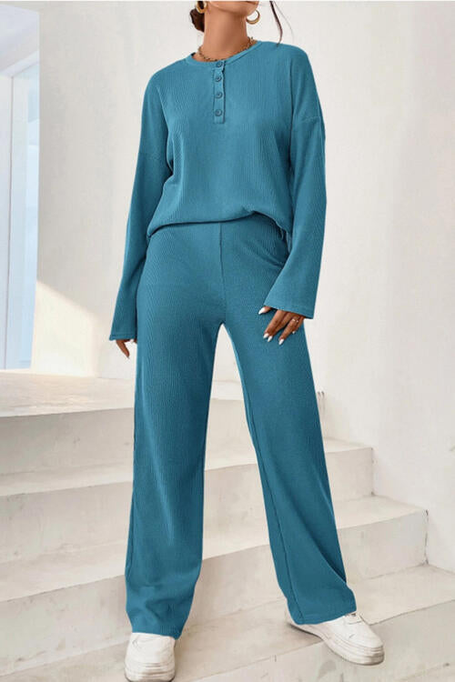 Bowie Ribbed Half Button Top and Pants Set