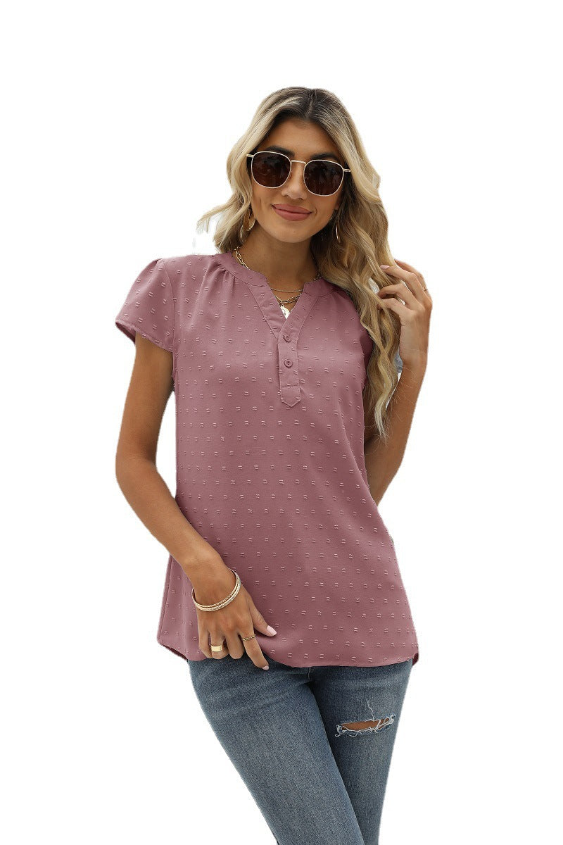 Deal of the Day Brandee Swiss Dot Notched Neck Short Sleeve Top