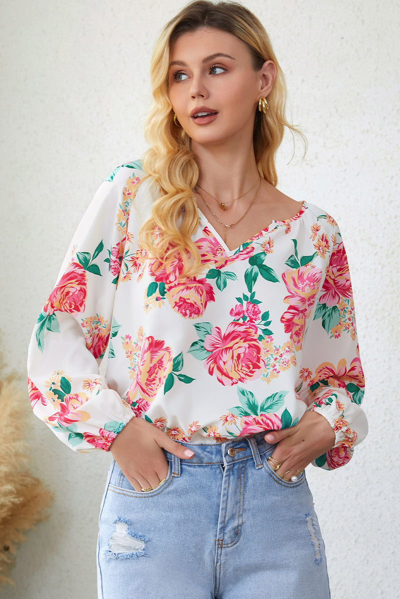Talley Floral Notched Neck Long Sleeve Blouse - Deal of the Day!