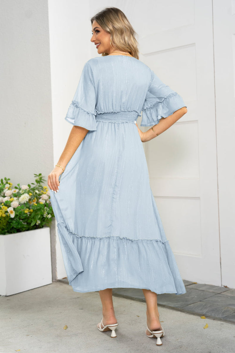 Elina V-Neck Flounce Sleeve Smocked Waist High Slit Dress