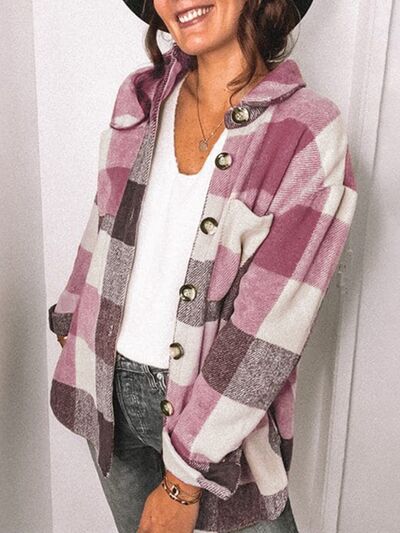 Polly Plaid Pocketed Dropped Shoulder Button Up Jacket