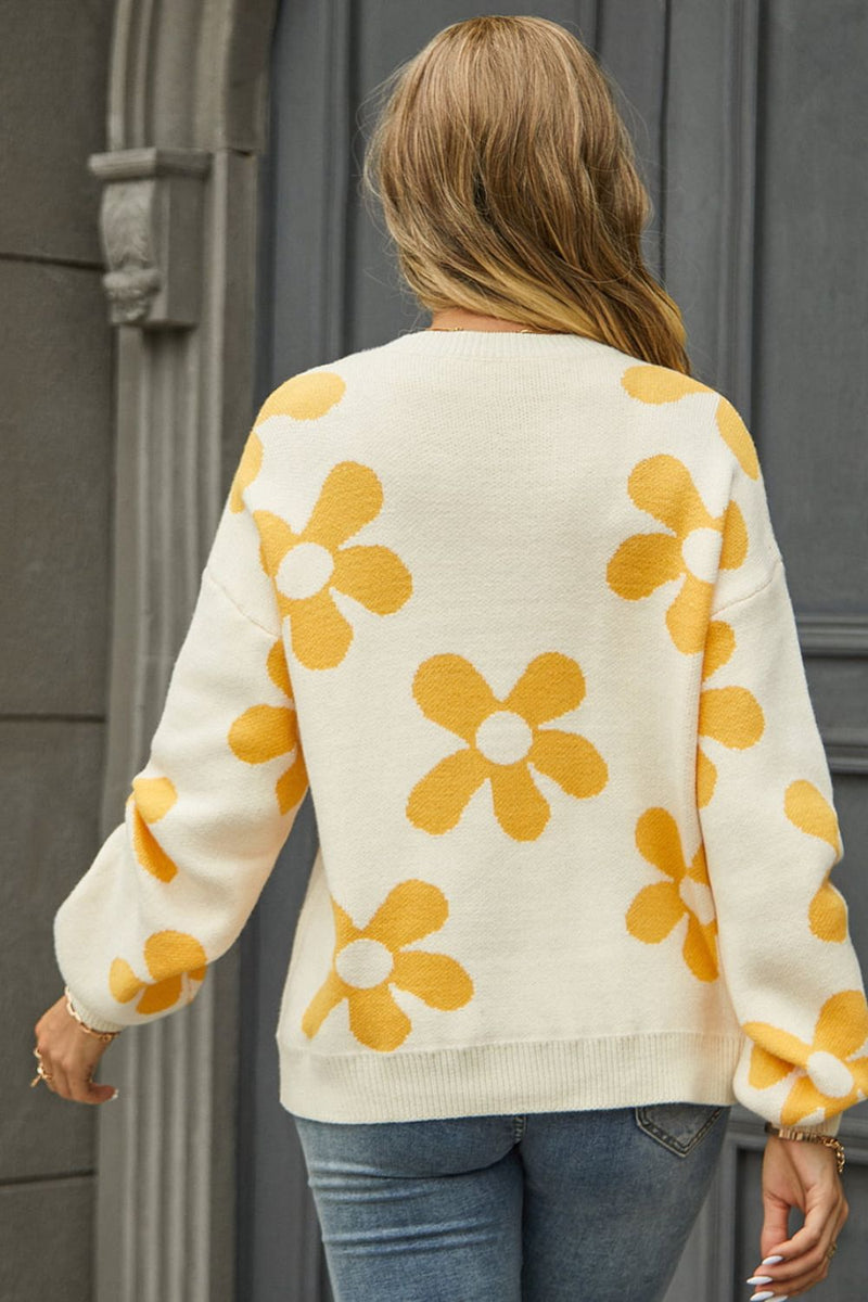 Mckenna Floral Print Round Neck Dropped Shoulder Pullover Sweater