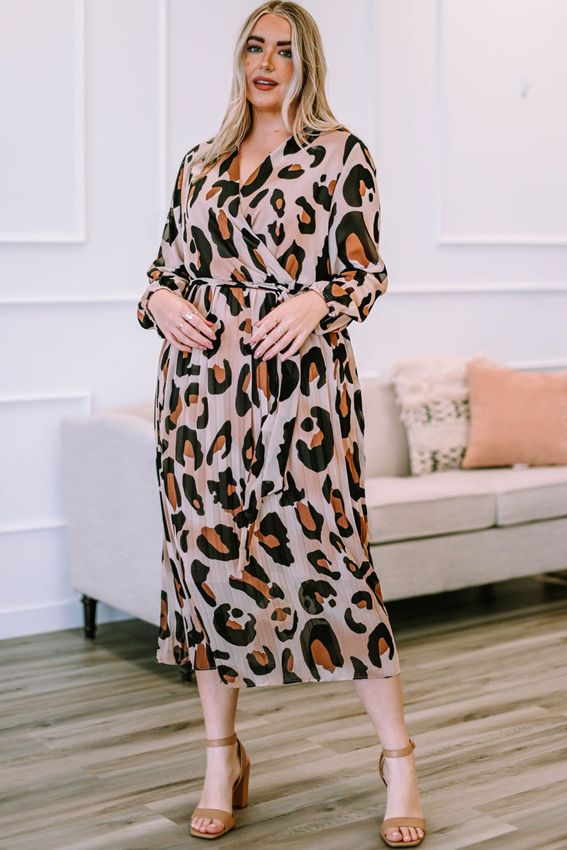 Selma Plus Size Leopard Print Surplice Neck Long Sleeve Midi Dress