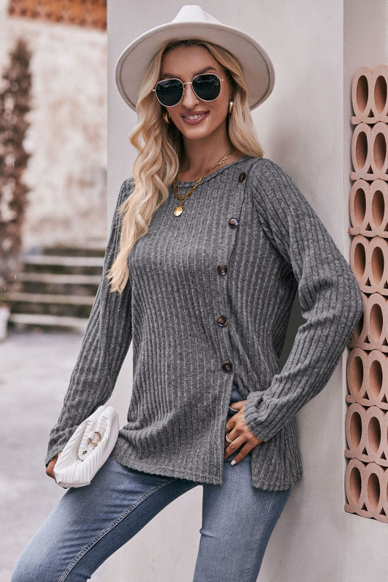 Deidra Ribbed Round Neck Buttoned Tee - Deal of the Day!