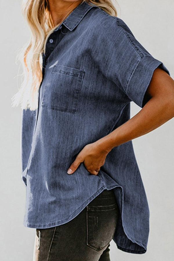 Maren Pocketed Button Up Short Sleeve Denim Shirt