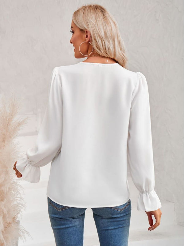 Deal of the Day Zoe Contrast Trim Flounce Sleeve V-Neck Blouse