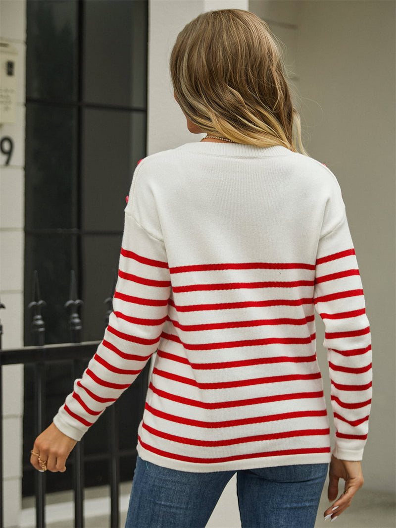 Tara Round Neck Shoulder Button Striped Pullover Sweater