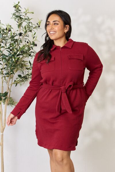 Miri Full Size Tie Front Half Zip Long Sleeve Shirt Dress