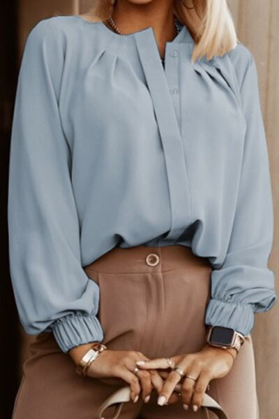 Amora Button Up Round Neck Long Sleeve Shirt