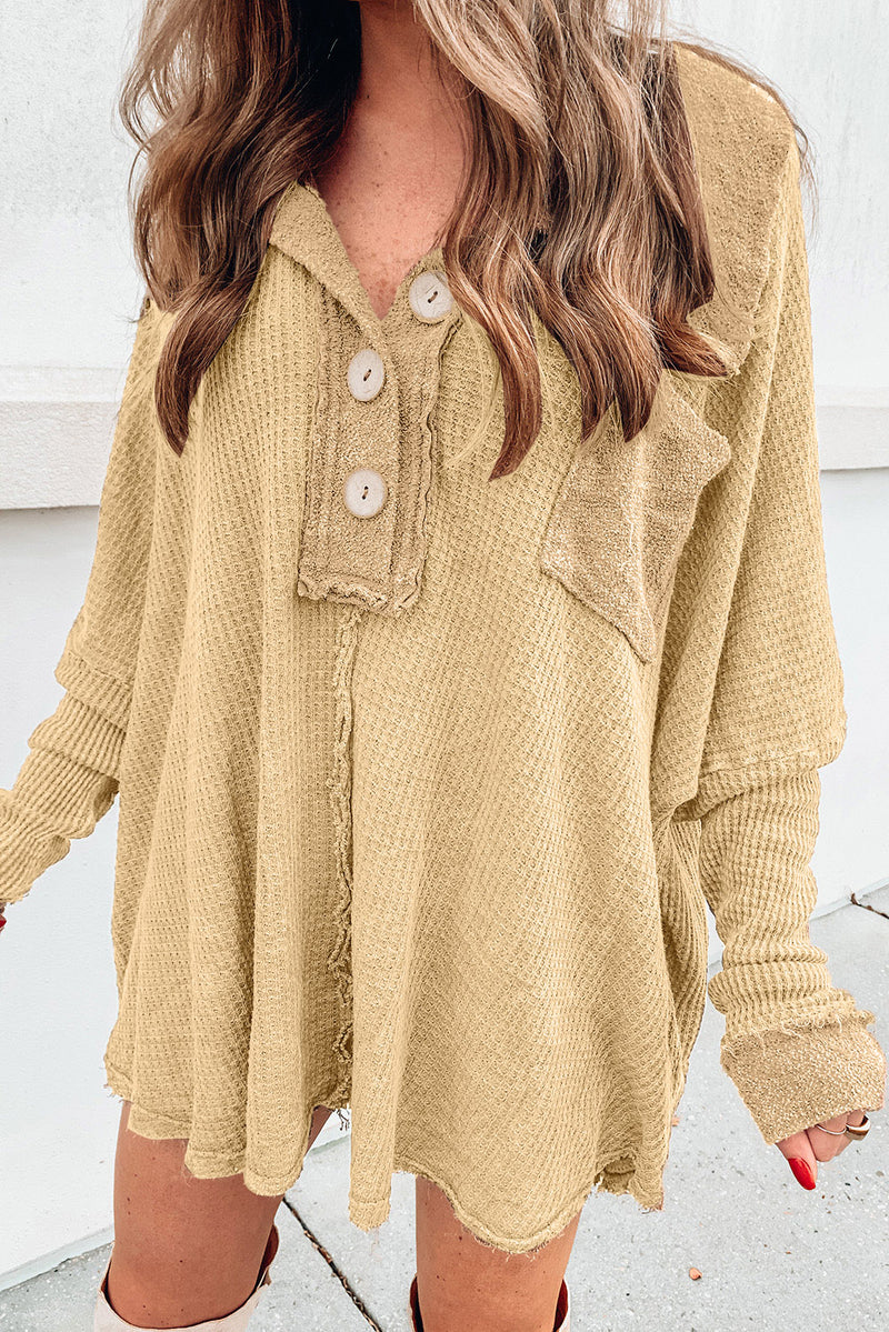 Tabitha Waffle Knit Buttoned Long Sleeve Top with Breast Pocket