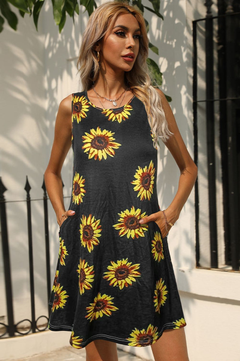 Helene Printed Round Neck Sleeveless Dress with Pockets- Deal of the Day!