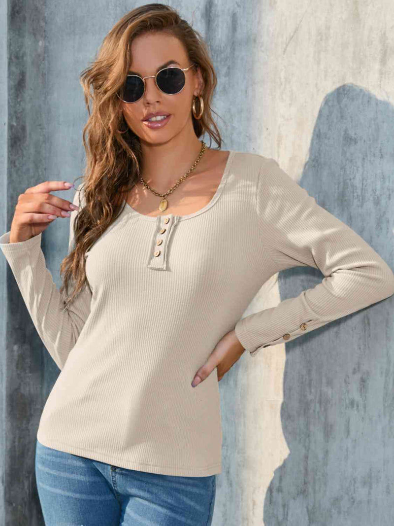 Alexys Buttoned Round Neck Long Sleeve T-Shirt