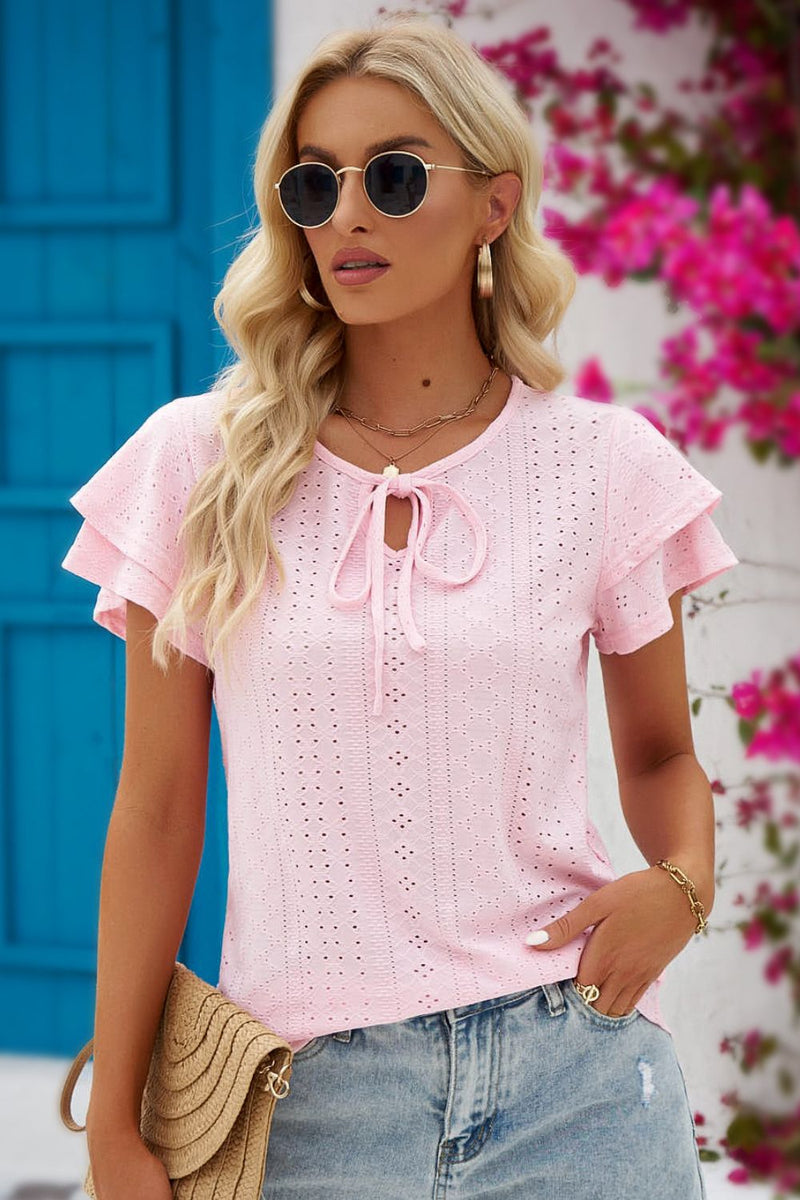 Deal of the Day Hallie Eyelet Tie-Neck Flutter Sleeve Blouse