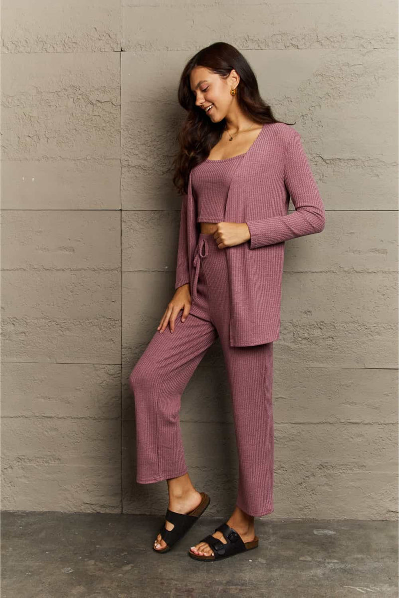 Tali Full Size Cropped Top, Long Pants and Cardigan Lounge Set