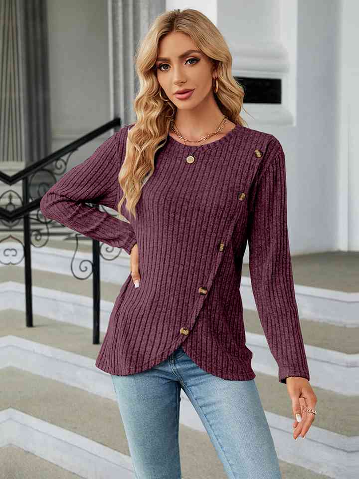 Ginny Round Neck Ribbed Button Detail Blouse