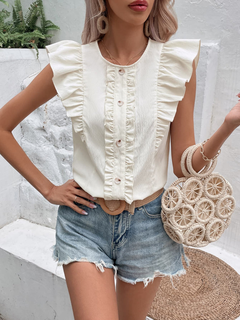 Tyra Decorative Button Frill Trim Round Neck Top -Deal of the Day!