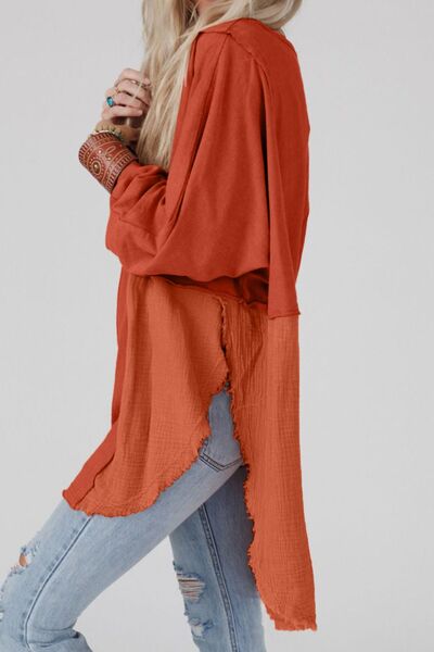DOORBUSTER Cecilia Contrast Texture Round Neck Long Sleeve Blouse