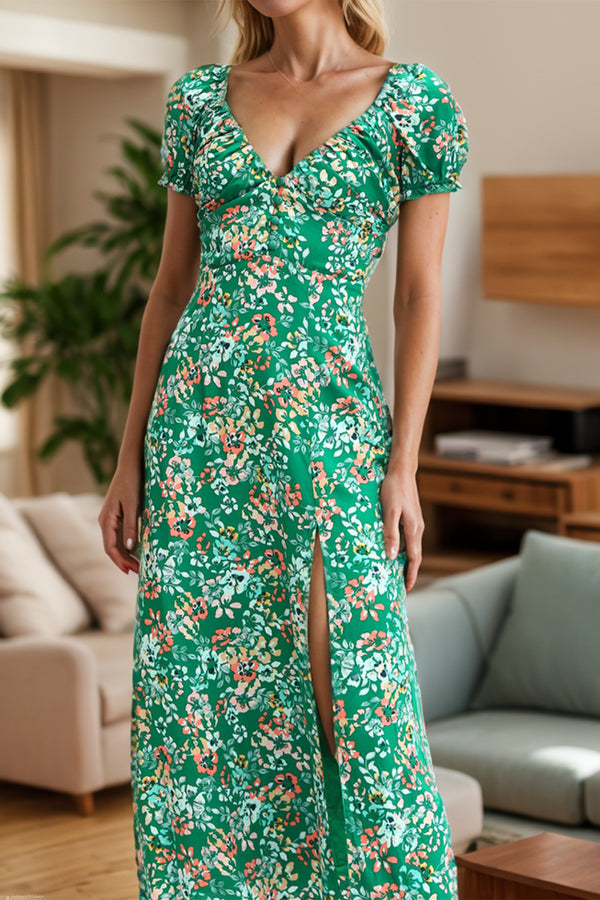 Donyelle Slit Printed Short Sleeve Midi Dress