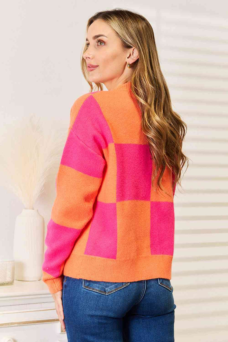 Reese Woven Right Checkered V-Neck Dropped Shoulder Cardigan