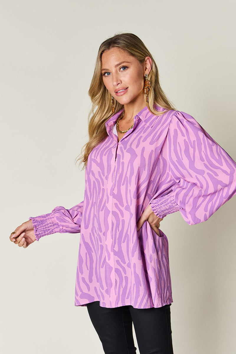Trisha Double Take Full Size Printed Smocked Long Sleeve Blouse