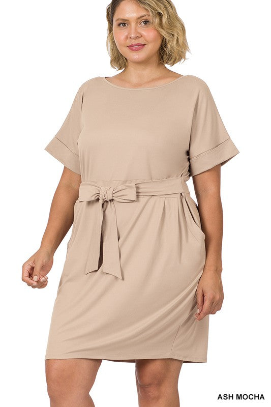Deal of the Day Jackie PLUS BRUSHED DTY TIE-BELT DRESS