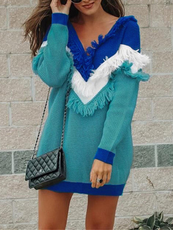 Taryn Color Block Fringed V-Neck Sweater