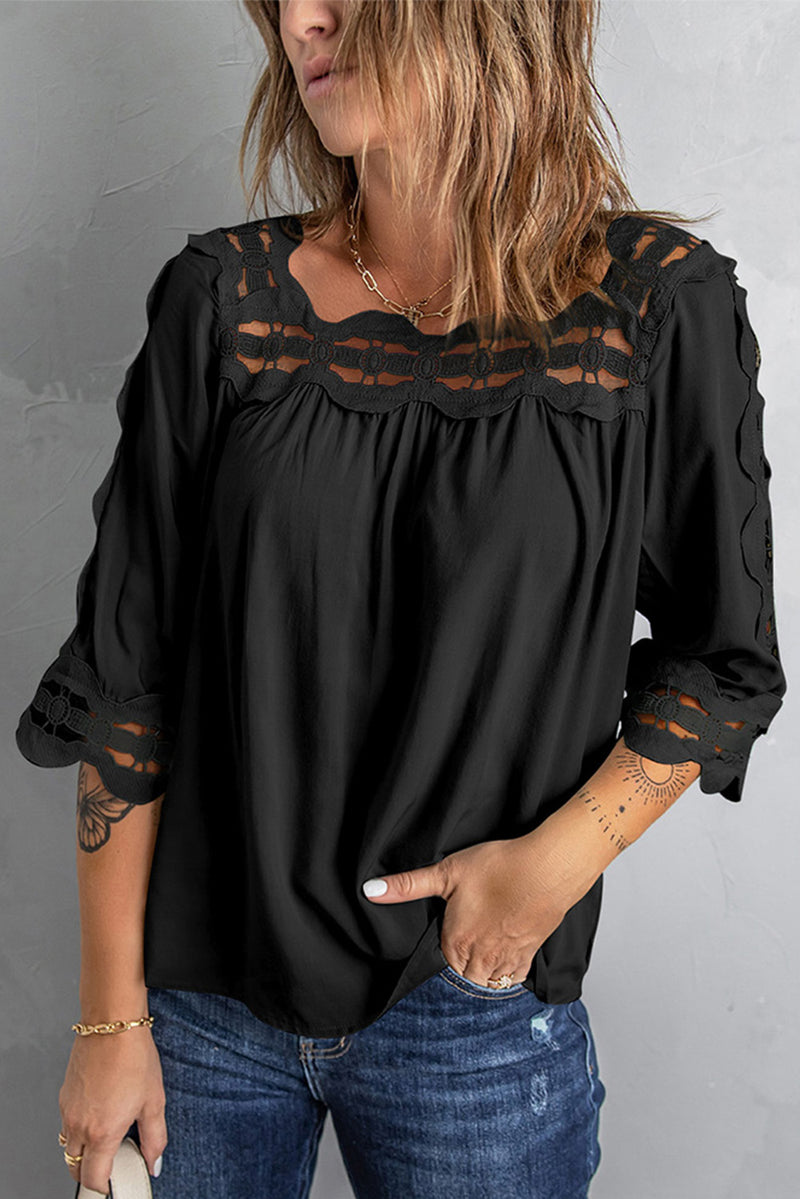 Shae Crochet Openwork Three-Quarter Sleeve Blouse- Deal of the Day!