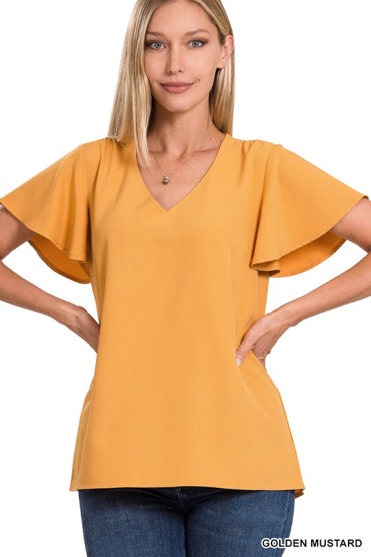 Deal of the Day Marcie WOVEN FLUTTER SLEEVE V-NECK TOP