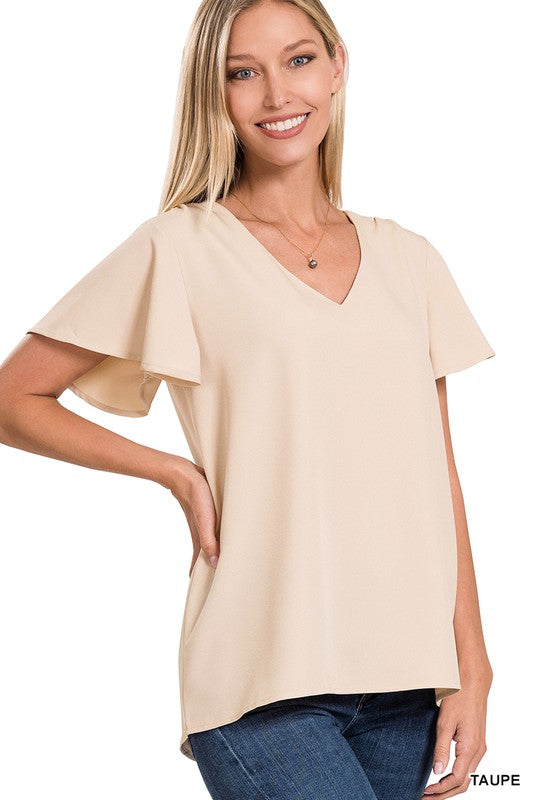 Deal of the Day Marcie WOVEN FLUTTER SLEEVE V-NECK TOP