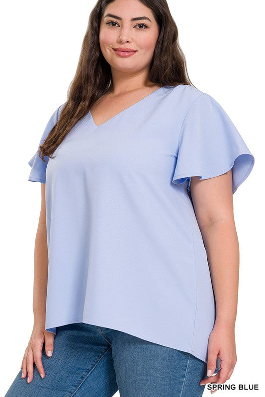 Deal of the Day Marcie Plus WOVEN FLUTTER SLEEVE V-NECK TOP