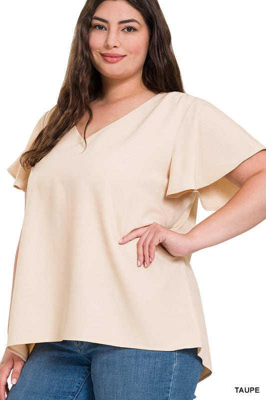 Deal of the Day Marcie Plus WOVEN FLUTTER SLEEVE V-NECK TOP