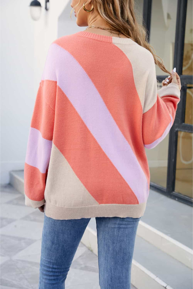 Lyric Color Block Ribbed Round Neck Sweater