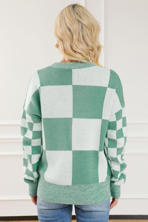 Chelsey Checkered Drop Shoulder Long Sleeve Sweater