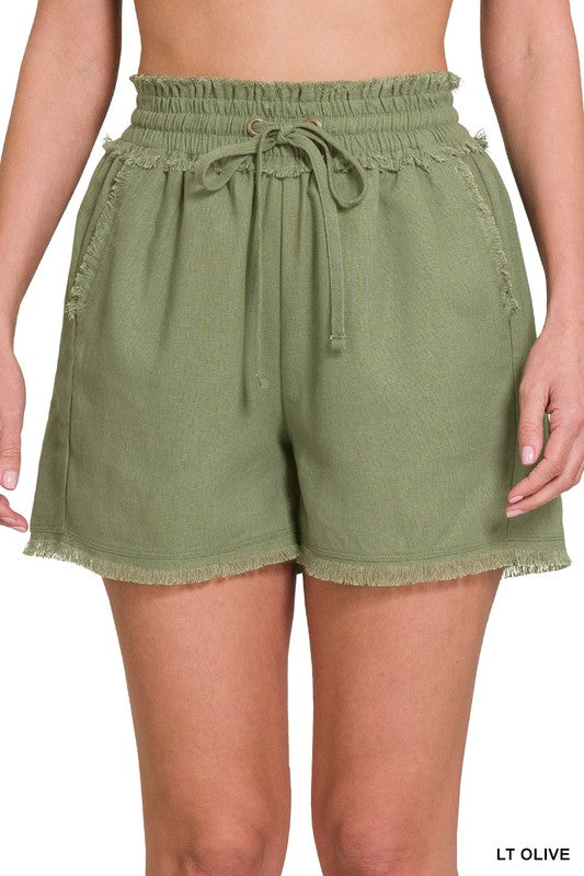 Deal of the Day Monica LINEN FRAYED HEM DRAWSTRING SHORTS WITH POCKETS