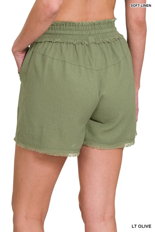 Deal of the Day Monica LINEN FRAYED HEM DRAWSTRING SHORTS WITH POCKETS
