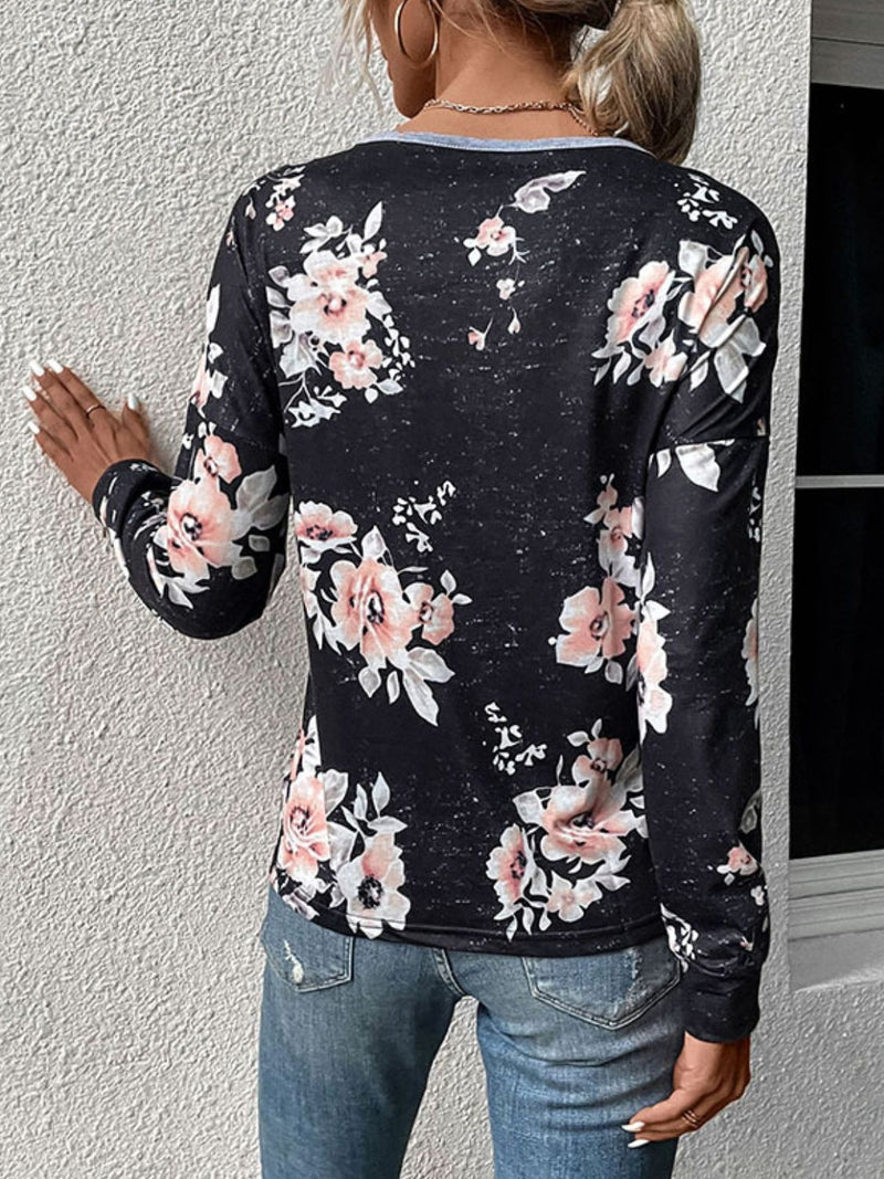 DOORBUSTER: Darcy Floral Print Contrast Round Neck Dropped Shoulder Sweatshirt