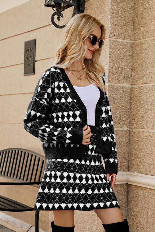 Lally Geometric Button Front Cardigan and Skirt Set