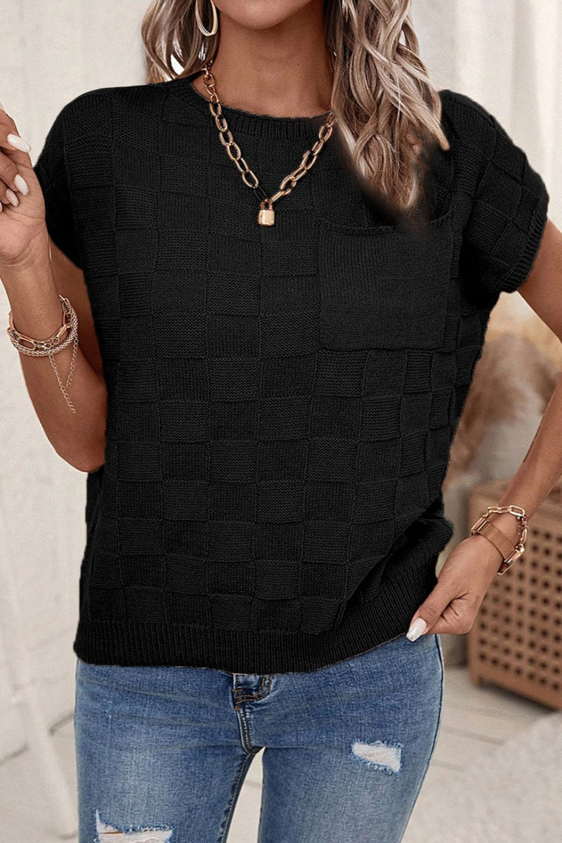 Marley Pocketed Checkered Round Neck Knit Top