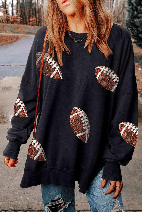 Sequin Football Patch Slit Sweatshirt