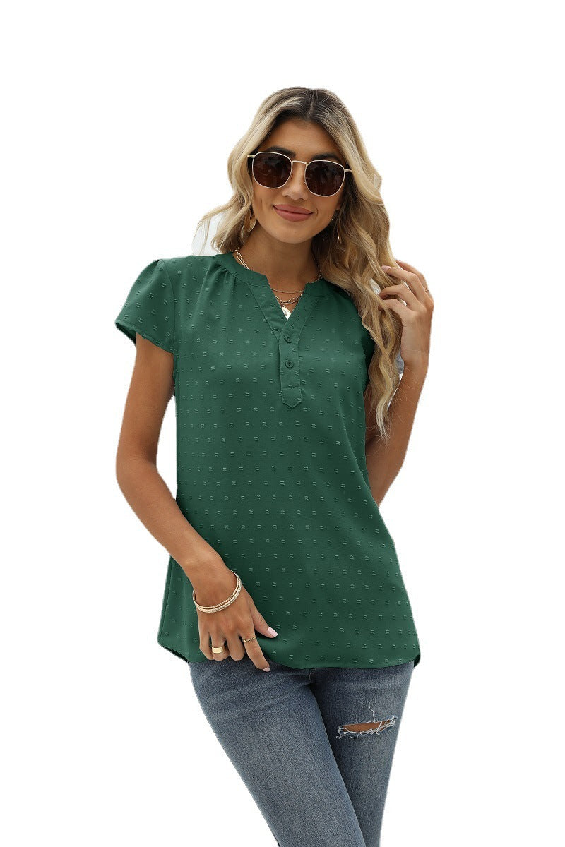 Deal of the Day Brandee Swiss Dot Notched Neck Short Sleeve Top