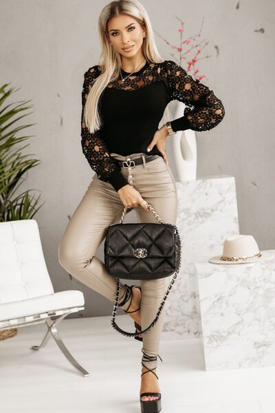 Betty Hollowed Floral Lace Spliced Long Sleeve Blouse