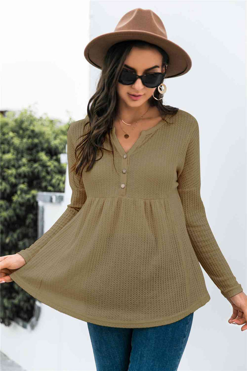 Quincy Button Front Waffle Knit Babydoll Top