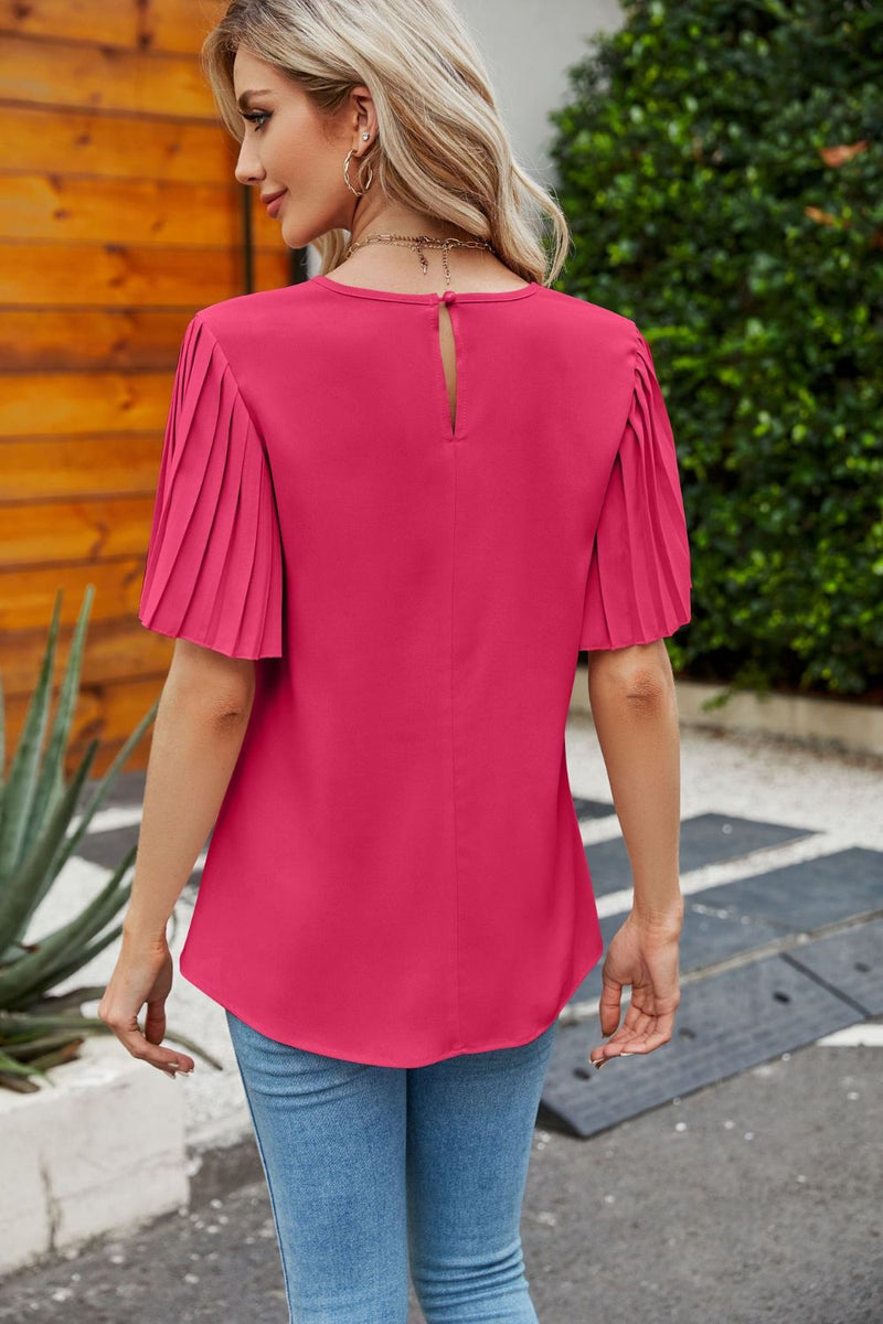 Mazie Pleated Flutter Sleeve Round Neck Blouse- Deal of the Day!