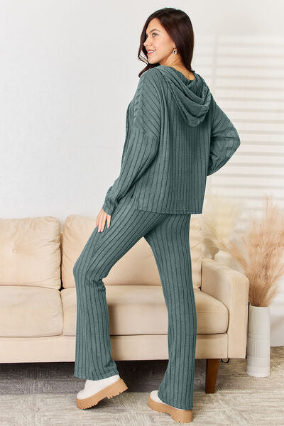 Tarryn Basic Bae Full Size Ribbed Drawstring Hood Top and Straight Pants Set