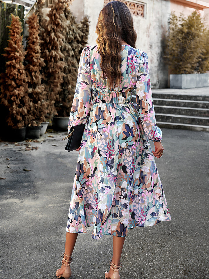 Eloise Printed V-Neck Long Sleeve Midi Dress
