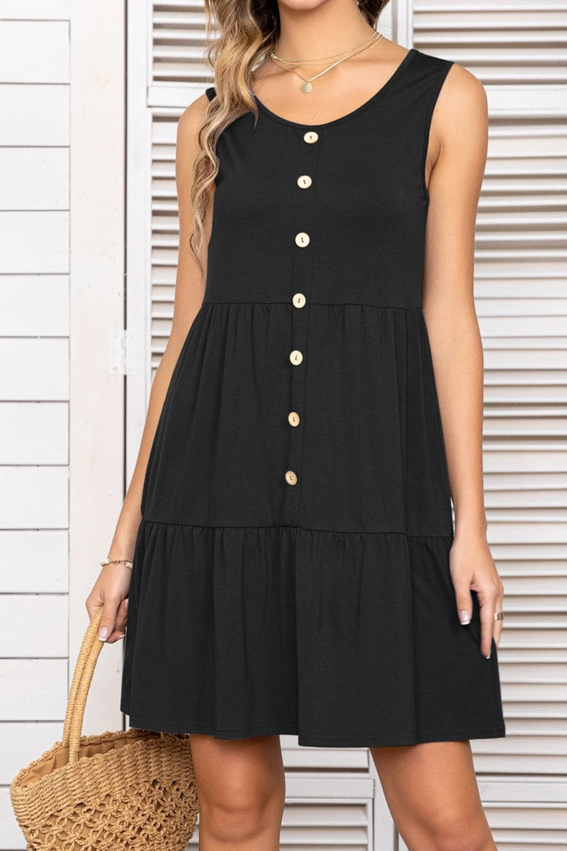 Lacey Decorative Button Scoop Neck Sleeveless Tiered Dress