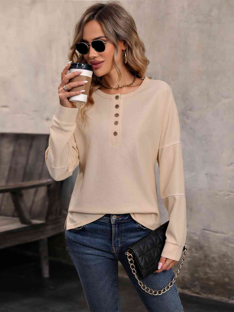 Ryan Round Neck Buttoned Slit Long Sleeve Top