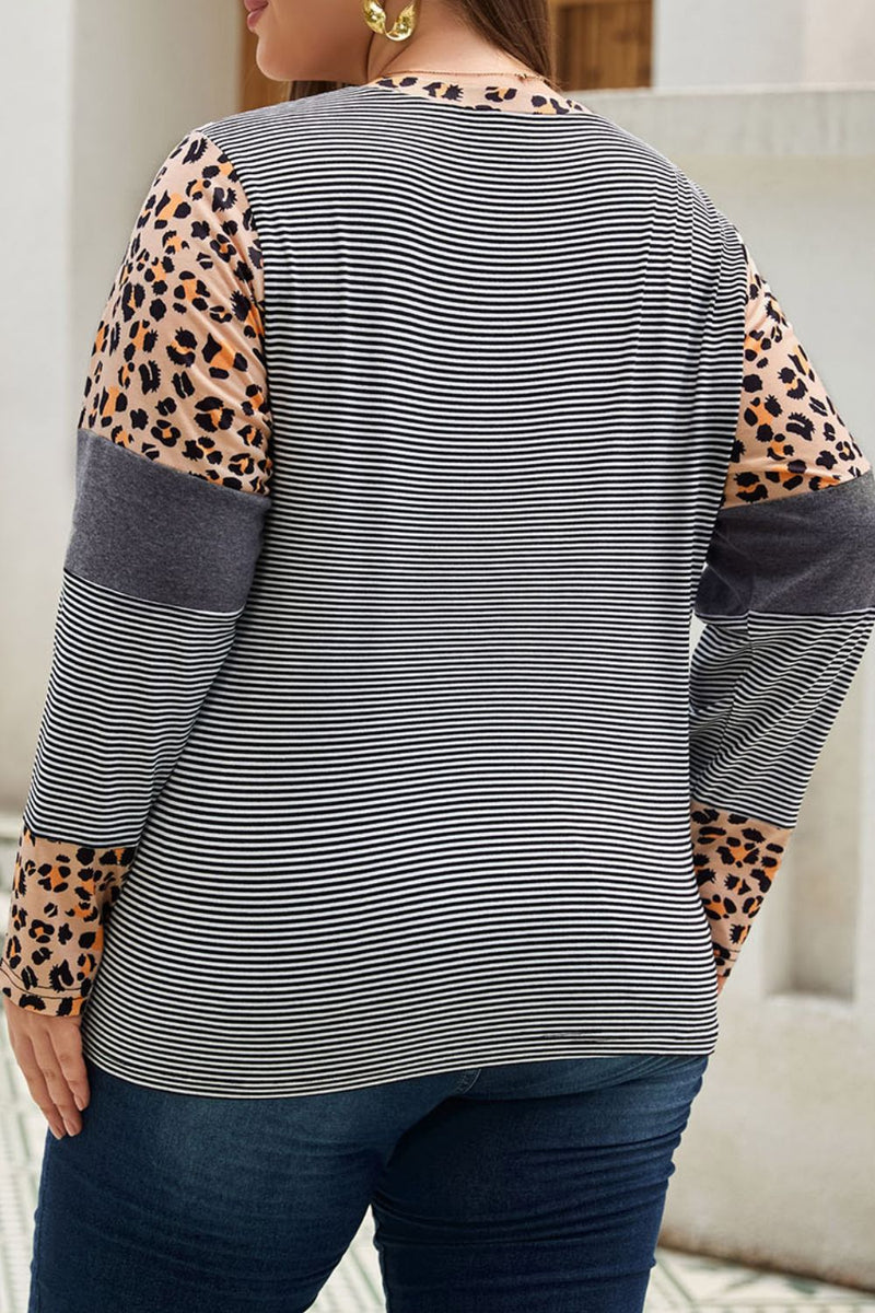 Drake Plus Size Striped Round Neck Long Sleeve T-Shirt