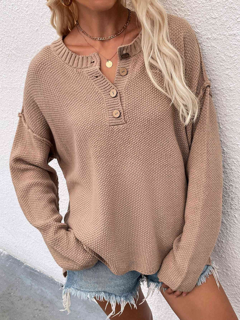 Amaya Buttoned Exposed Seam High-Low Sweater