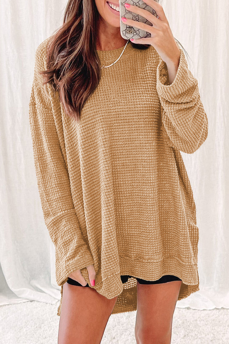 Lila Waffle-Knit Round Neck Long Sleeve Sweatshirt